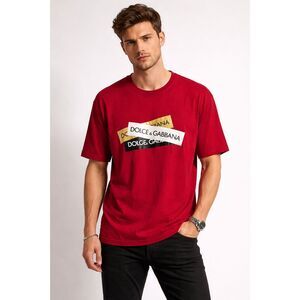 DOLCE & GABBANA T-shirt Red Logo Tape Cotton Crew Neck Men IT50/Large